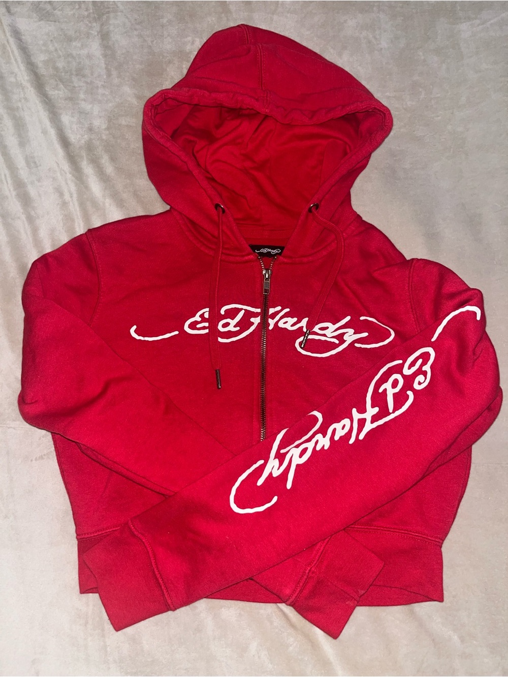 Ed Hardy Red Hooded Zip Jacket with White Script